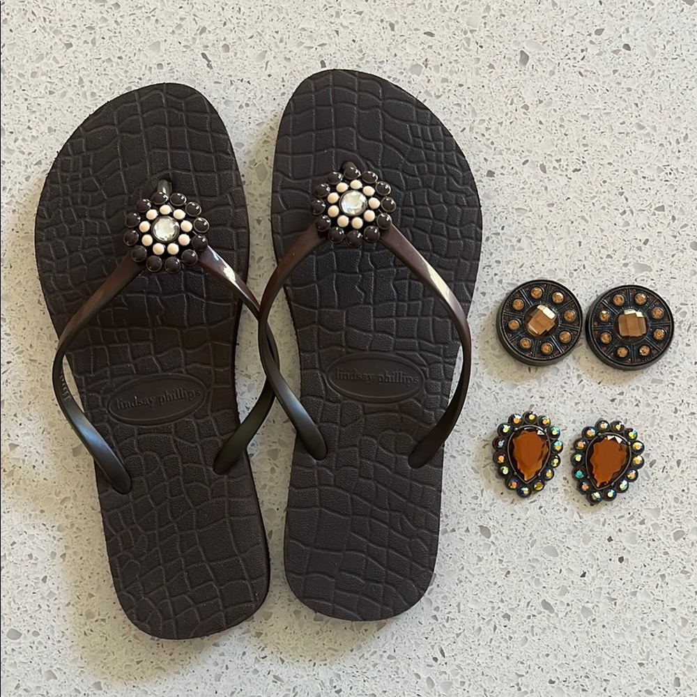 Brown Flip Flops with Embellished Straps